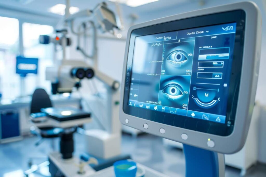 Person reading an eye chart while an eye-care clinician performs a vision test in a bright exam room.